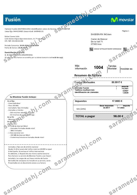 Spain Movistar Fusion telecom operator business utility bill document in Word and PDF formats
